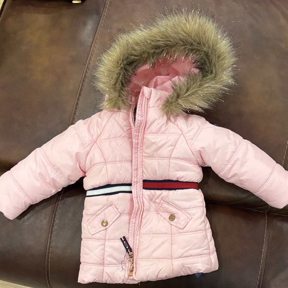 Tommy Hilfiger Pink Puffer Jacket with Faux Fur Hood